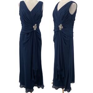 Jovani Gown Pleated Gathered Bodice VNeck Sleeveless Crystal Embellished Navy 12